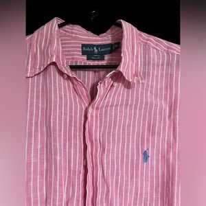 Men’s Linen Ralph Lauren Pink & White Striped Button Down Shirt, size XL, EUC